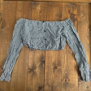 Amazing Lace Black Plaid Cropped Off Shoulder Top